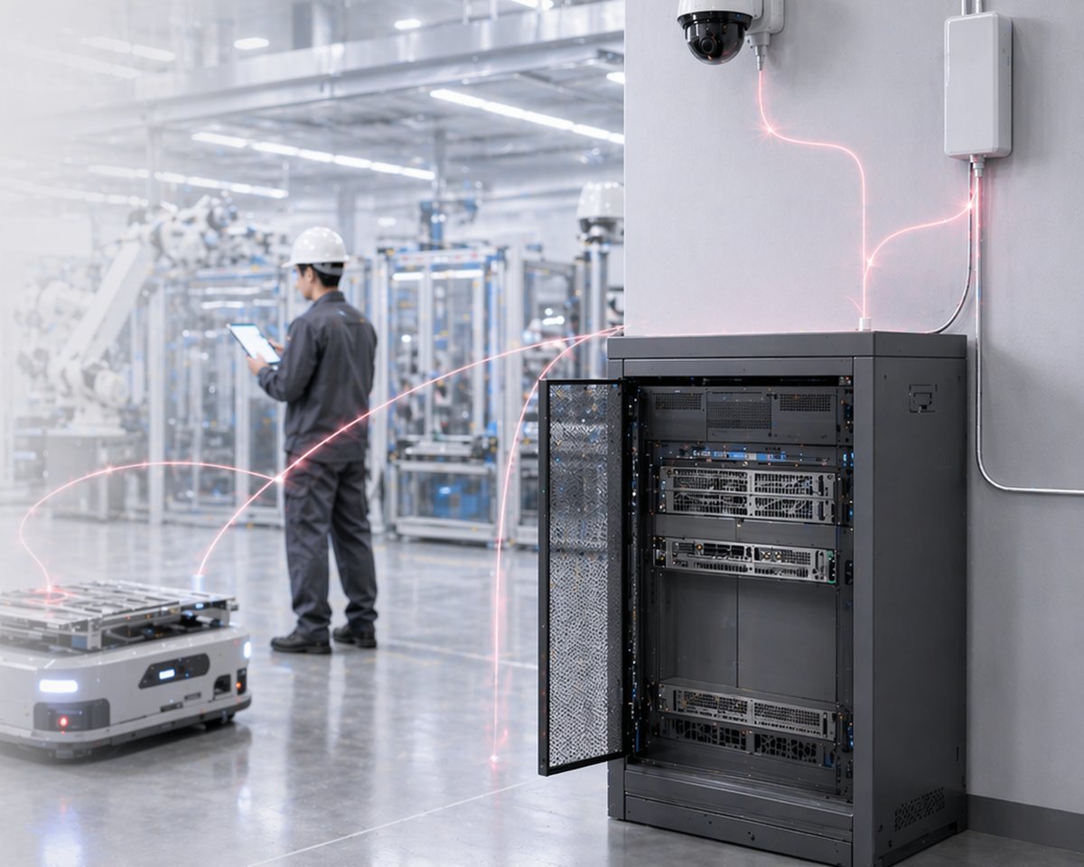 LG Private 5G UltraMax rack deployed on a manufacturing floor, connecting an AMR, a technician's tablet and a ceiling camera