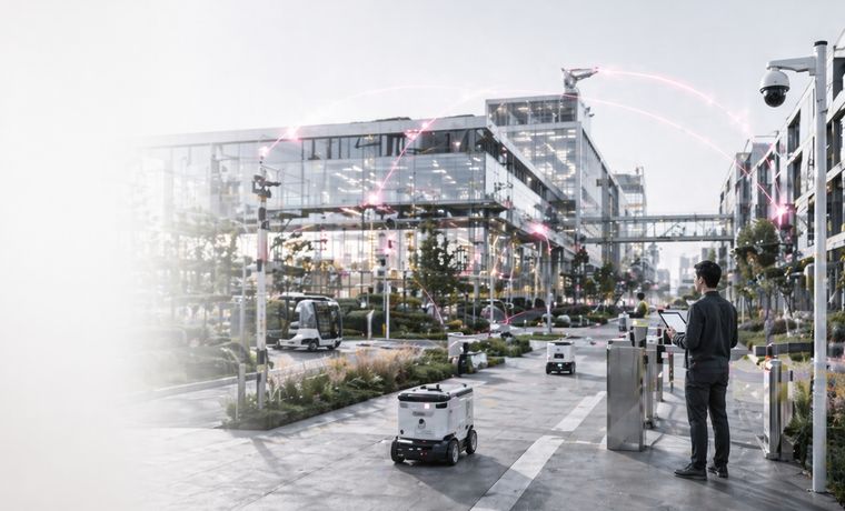 Mixed-use campus with connected shuttles, delivery robots and outdoor sensors