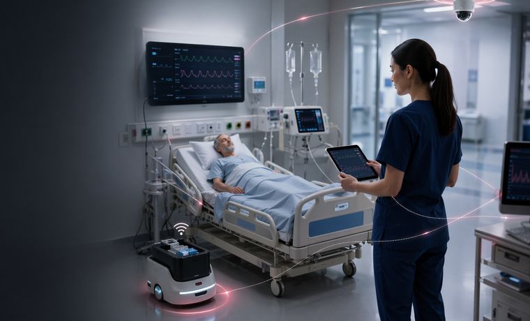 Clinical staff with a tablet, connected patient monitoring and a service robot in a hospital room