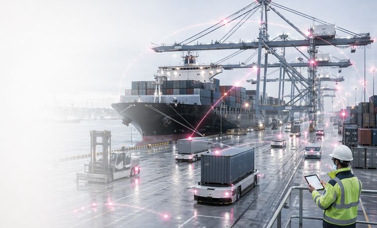 Container terminal with cranes, a vessel and autonomous terminal tractors