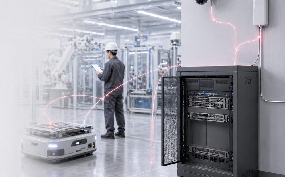 LG UltraMax scalable Private 5G platform in a full rack cabinet on a factory floor
